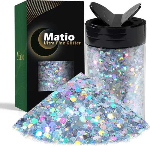 Miniatura 18 de Matio Purpurina gruesa de 7.8 onzas / 7.76 oz de color blanco luna, polvo de purpurina ultrafina, mezcla de copos de PET gruesos, lentejuelas