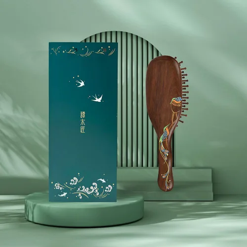 Miniatura 6 de TAN MUJIANG Cepillo de pelo de madera para mujer, masaje de cuero cabelludo, antiestático, pavo real, 1 unidad