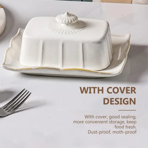 Miniatura 6 de Hemoton Mantequillera de cerámica con tapa de 7.59 x 5.59 x 3.54 pulgadas, caja de mantequilla cubierta para cocina, alimentos, servir queso