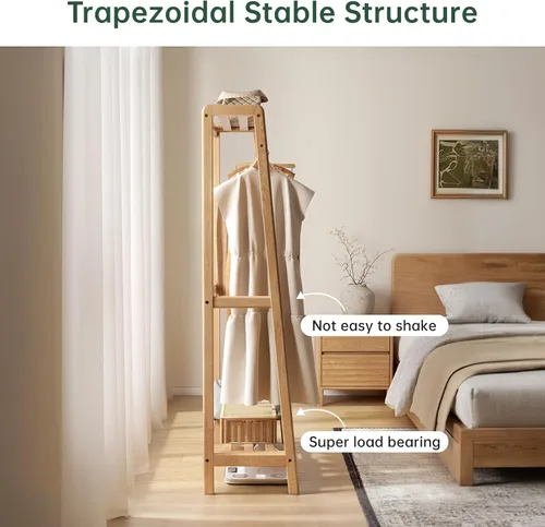 Miniatura 6 de Perchero de madera maciza, perchero con estantes para dormitorio, sala de estar, entrada, 16 x 20 x 63 pulgadas, madera de roble, natural