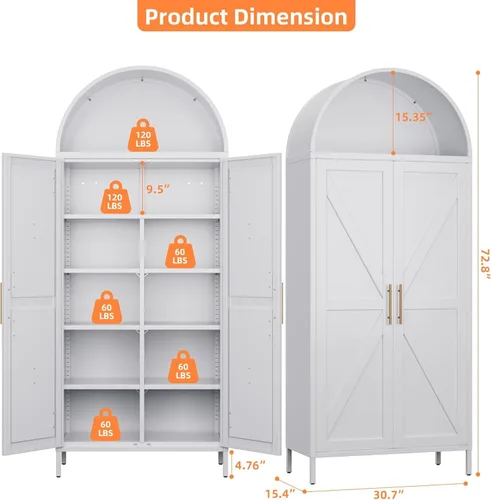 Miniatura 2 de Armario de despensa arqueado de metal blanco de 72.8 pulgadas para almacenamiento de cocina, armario alto de 2 puertas con 6 estantes ajustables