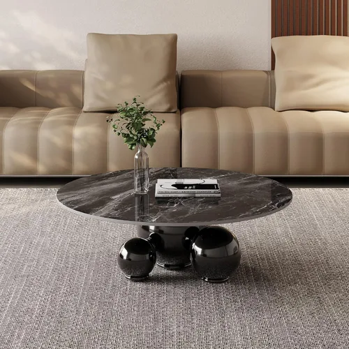 Miniatura 6 de Mesa de centro redonda moderna de mármol, 39.4 pulgadas, parte superior de aspecto de mármol negro con base de bola negra, mesa central para sala