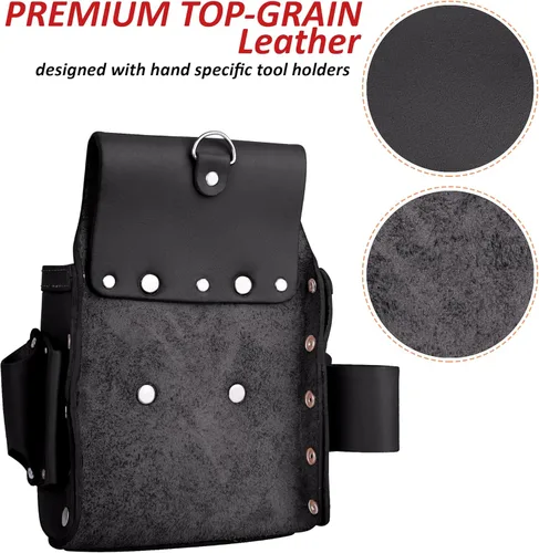 Miniatura 2 de FUERI Bolsos de Herramientas de Cuero para Carpintero y Electricista, Cinturón Organizador de 4 Bolsillos Profesional de Alta Resistencia para Negro