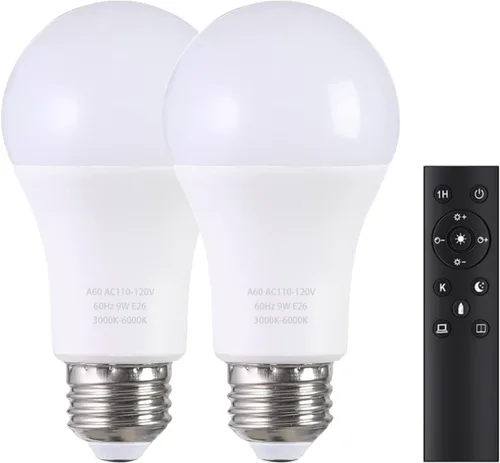 Bombillas LED A19 con control remoto, bombillas de 800 lm 9 W (equivalente a 60 W), regulables continuas 3000K-6000K, base E26, CRI 80+, 2.4 GHz,