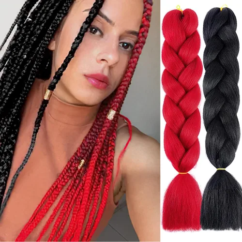 MDRTIRIM Cabello trenzado de color liso, sintético, jumbo, rojo y negro, extensiones preestiradas, fibra resistente a altas temperaturas, pelo