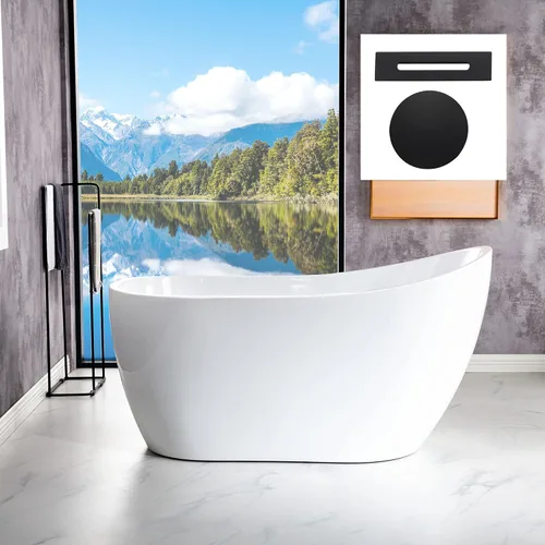 WOODBRIDGE Bañera independiente de acrílico de 54 pulgadas, bañera contemporánea, acrílico blanco, desagüe/desbordamiento negro mate, B 0006-MB Mate