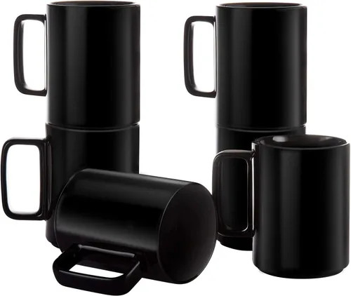 E-liu Juego de 6 tazas de café de porcelana, tazas grandes de 16 onzas para café, té, cacao y bebidas calientes, color negro