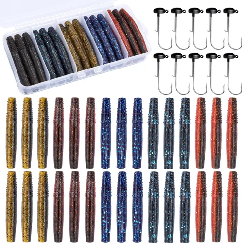 Miniatura 10 de Soft Plastic Worm Fishing Lures Kit, Finesse TRD Stick Worms and Ned Rig Baits with Jig Heads for Bass Fishing, Freshwater Bass Soft Baits Mezcla