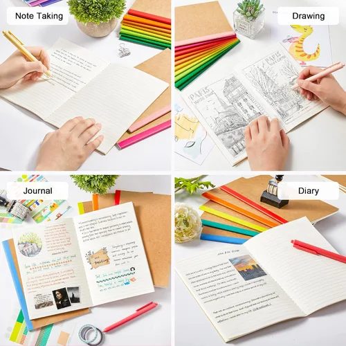 Miniatura 5 de feela Paquete de 16 cuadernos de composición a granel, con cubierta de papel kraft con rayas universitarias, diarios de viaje con espinas arcoíris