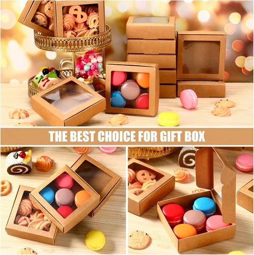 Miniatura 6 de Zonon 30 cajas de papel kraft con ventana de 4.13 x 4.13 x 1.18 pulgadas, para embalaje de caramelos, cajas de regalo pequeñas, soporte para Marrón