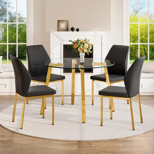 Miniatura 18 de Juego de mesa de comedor de cristal para 4, mesa rectangular con 4 sillas de cocina de cuero gris, juego de comedor de cocina de 51 pulgadas, mesa 4