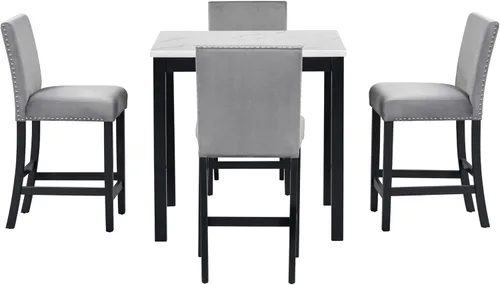 Miniatura 8 de Merax Juego de mesa de comedor para 4, mesa de comedor de altura de mostrador con mesa de comedor de mármol sintético y 4 sillas de asiento