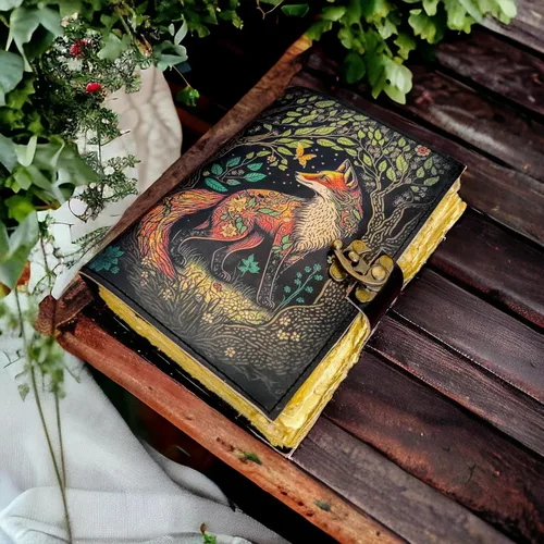 Miniatura 6 de Fox - Libro de hechizos de sombras en blanco, diario de cuero con cierre de cerradura, diario vintage hecho a mano, grimorio celestial, tarot