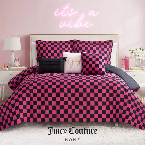 Miniatura 8 de Juego de edredón reversible de cuadros de Juicy Couture, juego de 5 piezas tamaño individual/individual XL, negro/rosa intenso