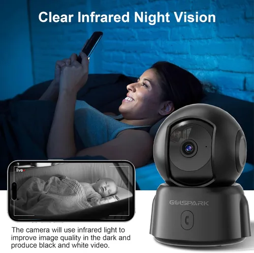 Miniatura 6 de GOLSPARK Cámara de seguridad para interiores 2K para monitor de bebé, cámara WiFi 360 de 2.4 GHz para mascotas con visión nocturna, detección