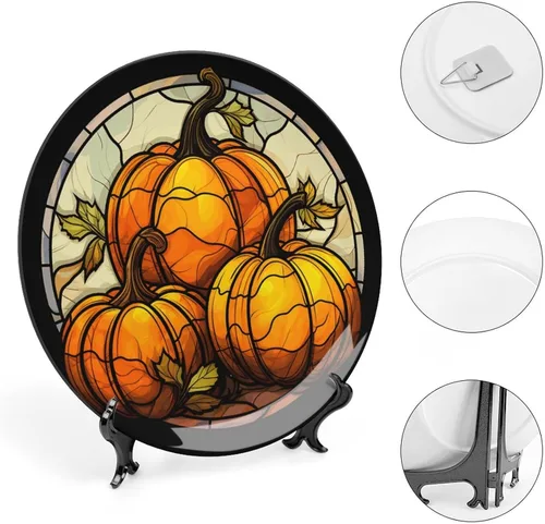 Miniatura 4 de Platos decorativos de Halloween, tres calabazas otoñales, con estampado de vitrales, plato de cena de cerámica para el hogar con soporte de Tres
