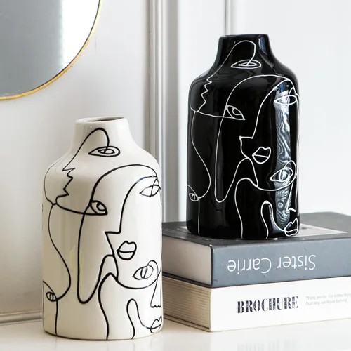 Kimdio Juego de jarrones de cerámica, 2 jarrones de flores de diseño irregular abstracto en blanco y negro, decoración moderna del hogar, decoración