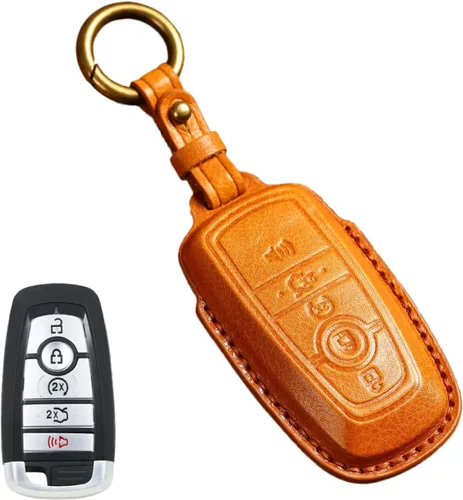Miniatura 8 de Funda de cuero para llave de auto para Ford F-150 Mustang, llave inteligente con mando a distancia, funda de 5 botones, color negro