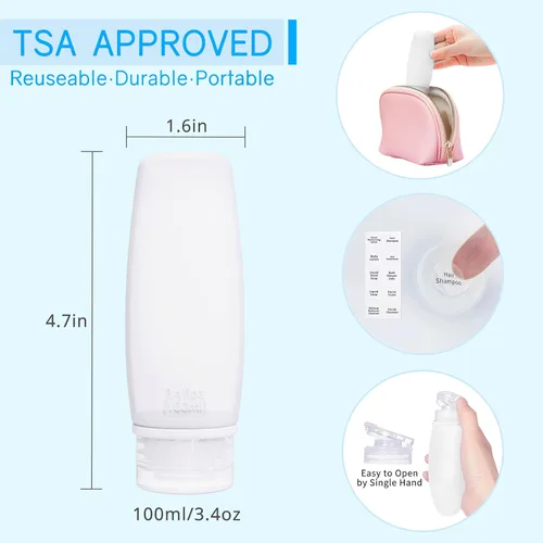Miniatura 5 de Botellas de viaje de silicona para artículos de tocador, aprobados por la TSA, juego de 4 recipientes portátiles a prueba de fugas, botellas
