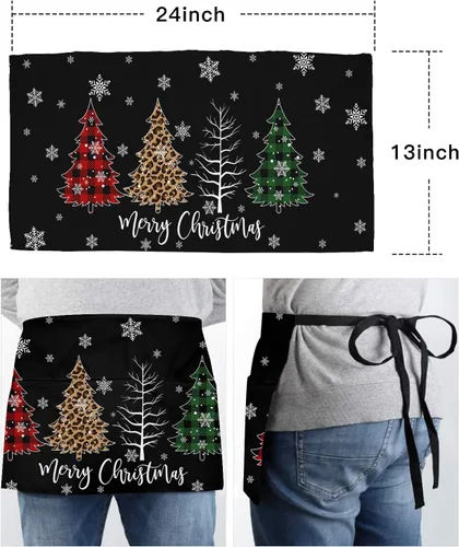 Miniatura 6 de PIEPLE Delantal de camarera de árbol de Navidad con 3 bolsillos, delantales de media cintura para camarero, delantales de chef para mujeres