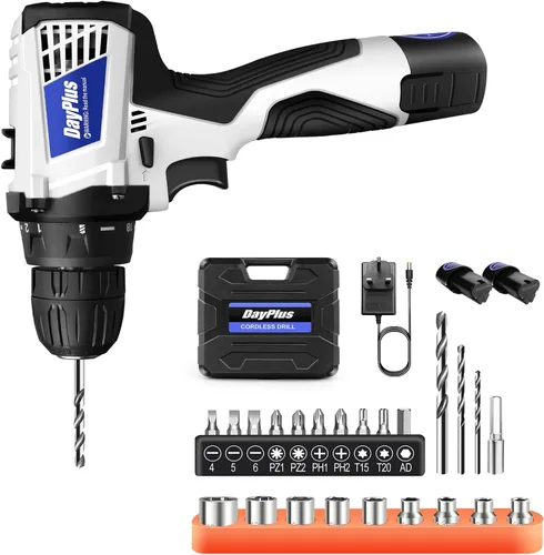 Juego de destornilladores de 12 V, taladro inalámbrico con 23 accesorios, kit de taladro eléctrico ligero con 2 baterías de 1.3 Ah, portabrocas de