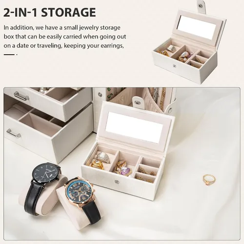 Miniatura 6 de AKOZLIN Joyero de 4 niveles con cerradura de cuero con 3 cajones para mujeres y niñas, anillo collar, aretes, pulsera, relojes, soporte con espejo