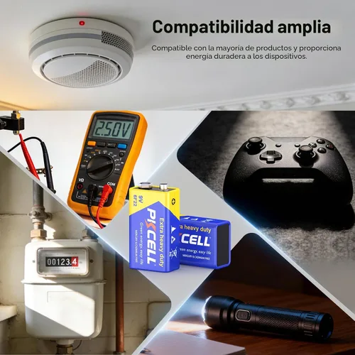 Miniatura 7 de PKCELL Baterías de 9 V, paquete de 10 baterías de 9 voltios de carbono y zinc, batería de 9 V para detector de humo, alarmas, batería cuadrada 6F22