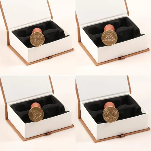 Miniatura 6 de Juego de 6 piezas de sello de cera de madera con cabeza de latón extraíble + 2 asas de madera + caja de cofre del tesoro de madera y cuero