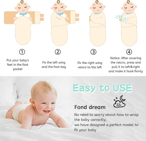 Miniatura 9 de LAT - Manta para envolver con cremallera, fácil de ajustar, paquete de 3 unidades, saco de dormir para bebés recién nacidos, saco de dormir 100%