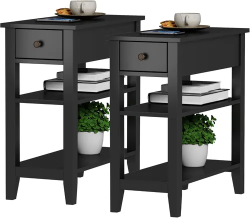 Miniatura 7 de Mesa auxiliar ChooChoo para sala de estar, mesa auxiliar estrecha con cajón y estante, mesa auxiliar de sofá de 3 niveles para espacios pequeños