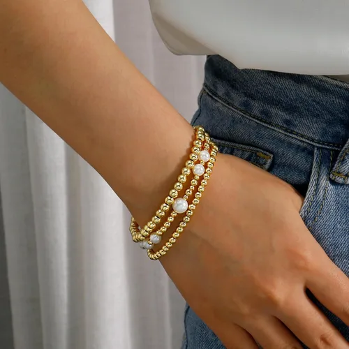 Miniatura 4 de Pulsera de cuentas de oro para mujer, apilable, chapada en perlas, juego de pulseras elásticas para mujer, a la moda