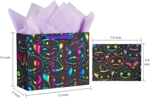 Miniatura 7 de LeZakaa Bolsa de Regalo Holográfica para Niños, Niños y Niñas, Sombrero de Bruja de Calabaza Malvada de Arcoíris en Diseño Negro con Papel de Seda
