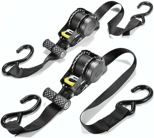 Correas de amarre de trinquete retráctiles automáticas (paquete de 2), 1 pulgada x 10 pies, resistencia máxima a la rotura de 1500 libras, asas