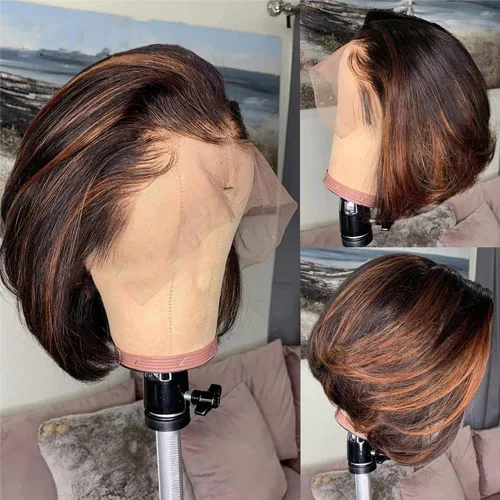 Miniatura 10 de Pelucas de cabello humano con reflejos #1B/27, mezcla de rubios, color natural, con abuelitos, invisible HD, 13x4, encaje frontal, pelucas
