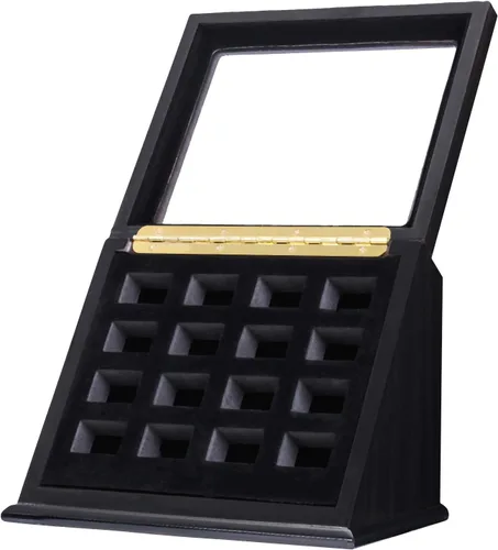 Vitrina de anillo de campeonato, caja de madera para anillos deportivos (16 ranuras, inclinada, negro)