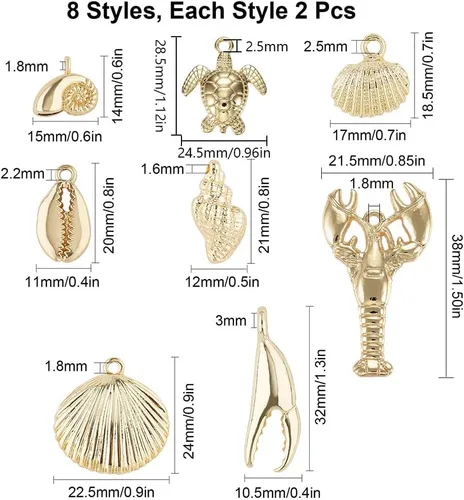 Miniatura 2 de SUNNYCLUE 1 caja de 1.90 oz de dijes chapados en oro real de 14 quilates a granel de oro de verano de océano, 16 piezas de dijes de vida marina