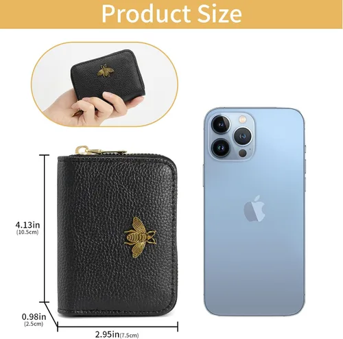 Miniatura 3 de WOZEAH Billetera pequeña para mujeres con bloqueo RFID, cartera para tarjetas de crédito, cartera de acordeón de cuero con cremallera, Negro