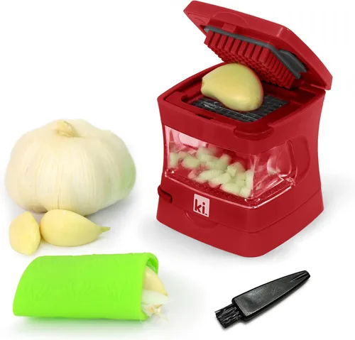 Miniatura 11 de Prensa de ajo Garlic-A-Peel, trituradora, cortadora, picadora y contenedor de almacenamiento - Incluye pelador de ajo de silicona - Fácil de limpiar