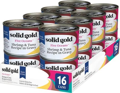 Miniatura 32 de Solid Gold comida húmeda para gatos desmenuzada con salsa - Alimento enlatado para gatos hecho con atún real y caballa - Sin granos de los Cinco