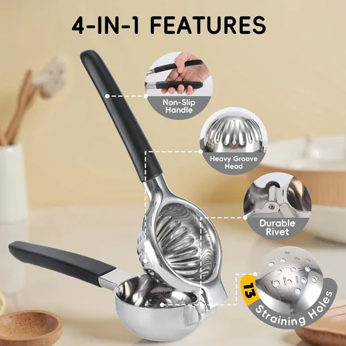 Miniatura 3 de Exprimidor de limón de acero inoxidable 304, exprimidor manual de cal con 13 agujeros de filtro y colador fino, exprimidor de cítricos resistente