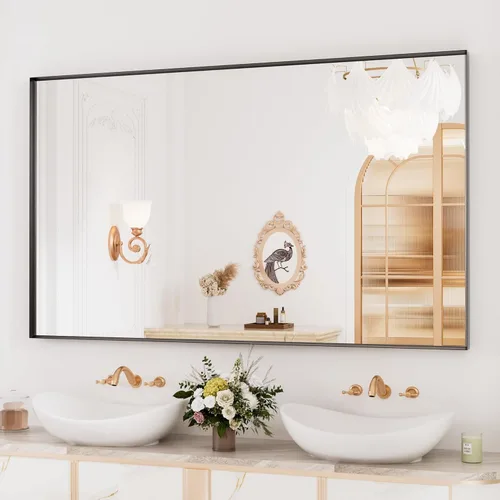 Miniatura 34 de Espejo de baño LED de 60x36 pulgadas con marco negro, espejos de baño retroiluminados y con luz frontal para pared, antiempañamiento, regulable