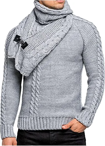 Suéteres casuales de punto trenzado para hombre, para invierno y otoño, cálidos, térmicos, ajustados, de manga larga, con bufanda extraíble