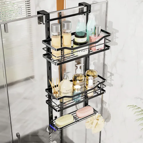 SWTYMIKI Organizador de ducha ajustable de 3 niveles para colgar con soporte para jabón, estante de baño de acero inoxidable sin taladrar para