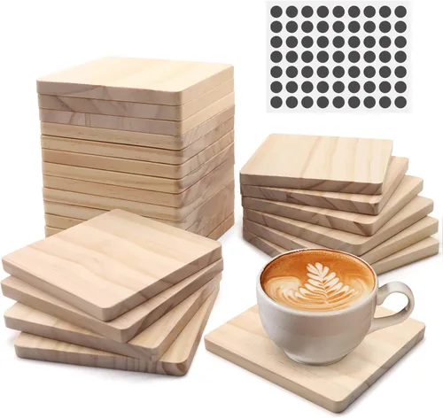 24 PCS Posavasos Cuadrados de Madera Sin Terminar, SIJDIEE Posavasos de Madera en Blanco de 4 Pulgadas para Manualidades con Pegatinas de