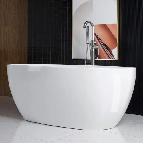 Miniatura 4 de WOODBRIDGE Bañera de acrílico independiente de 67 pulgadas, bañera blanca de remojo contemporánea con desbordamiento y drenaje cromados, B0028