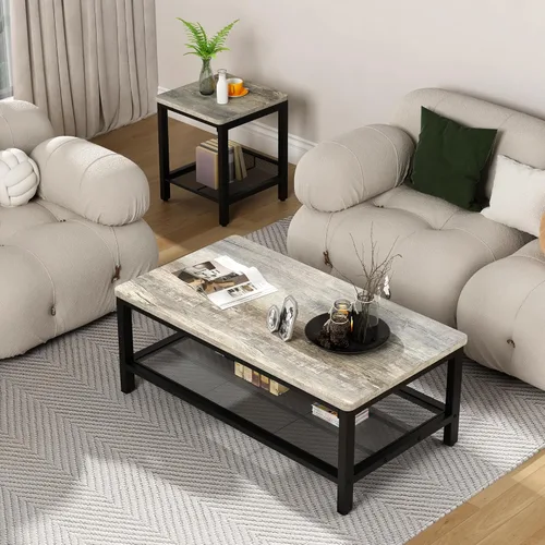 Miniatura 5 de Conjunto de 3 mesas de café AWQM, mesa de café industrial con 2 mesas auxiliares cuadradas, conjunto de mesas modernas para sala de estar con marco