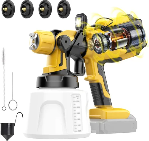 Pulverizador de pintura inalámbrico compatible con batería Dewalt de 20 V MAX (sin batería), pistola de pintura eléctrica con luz LED, 4 boquillas y