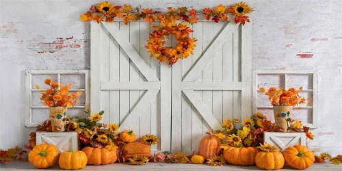 Miniatura 7 de Kate Fondo de fotos de 7 x 5 pies con diseño de calabaza de Acción de Gracias, para cosecha, pared blanca, puerta de madera blanca, Halloween