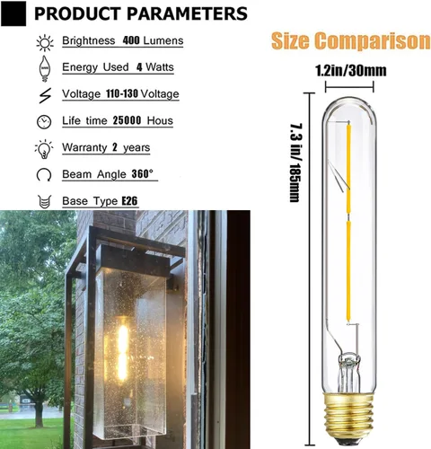 Miniatura 4 de LEOOLS Bombillas LED T9 vintage equivalentes a 40 W, 2700 K blanco cálido, 400 lúmenes, bombillas tubulares Edison regulables de 4 W, vidrio
