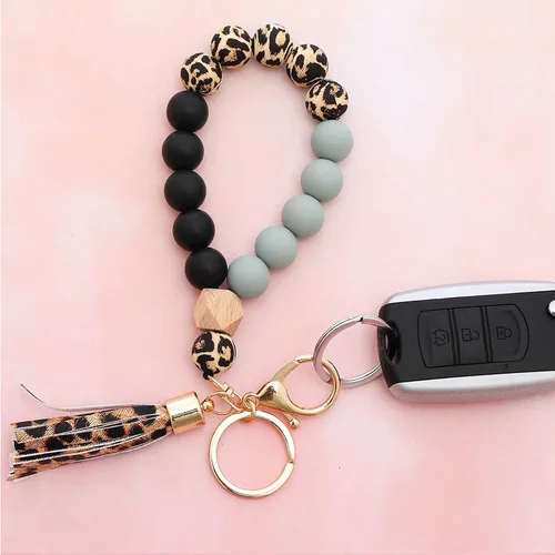 Miniatura 3 de BAOSIWA - Llavero de silicona con cuentas de leopardo, llavero para mujer, con borla de cuero